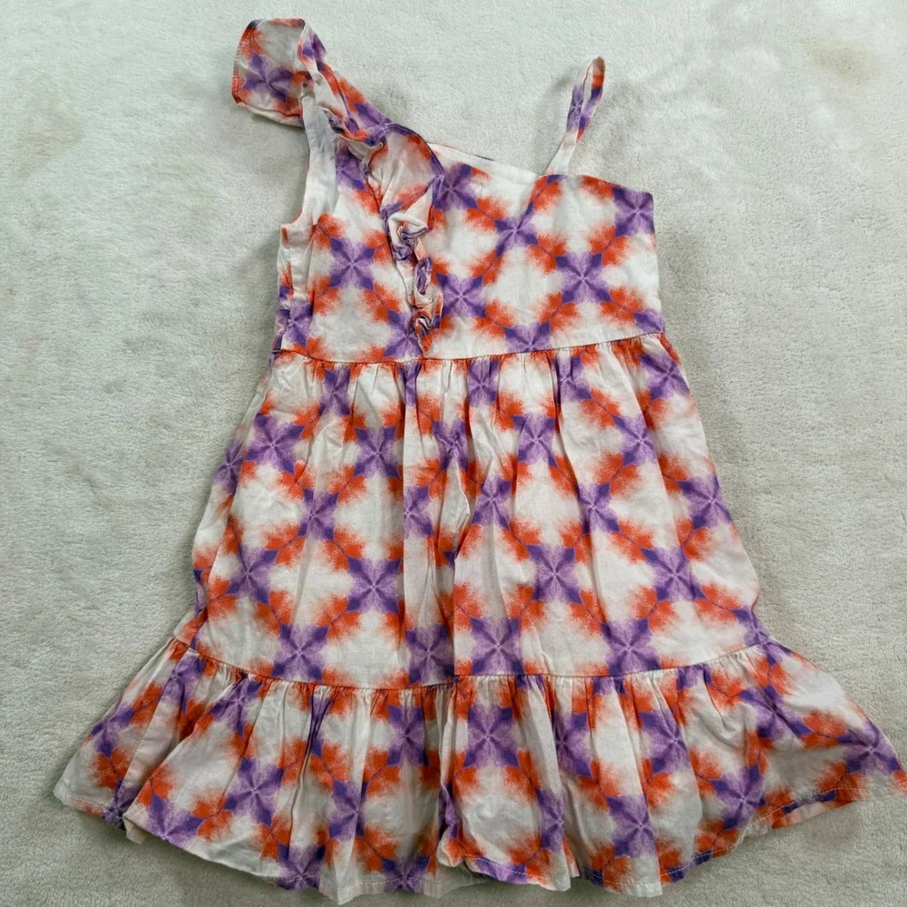 Janie and Jack Girl One Shoulder Ruffle Dress Orange Purple Tie Dye Print Size 4